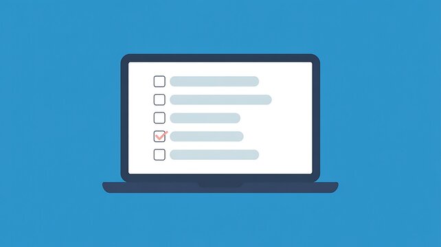 Checklist, laptop, to-do list, task list, blue background, minimalistic design, vector illustration