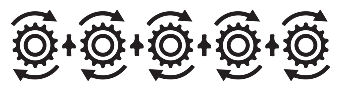 Repeating gear icons with arrows and plus signs, mechanical process and integration concept.