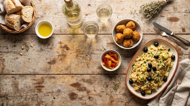 Traditional codfish stew top view food photography on rustic wooden background
