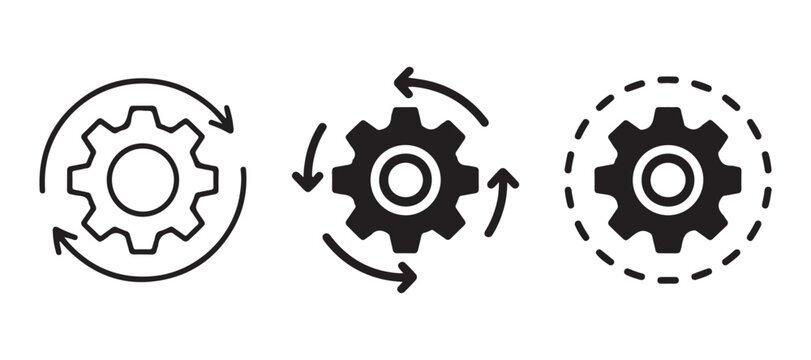 Set of three linear and solid rotating gear icons with curved arrows on transparent background.