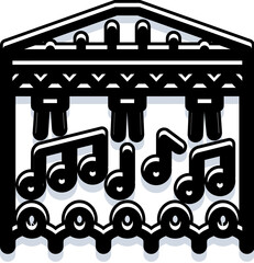Naklejka premium Classical greek temple style building facade incorporating musical notes and architectural elements, creating an icon of musical performance, theater, and entertainment