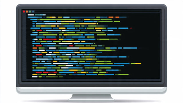 Computer monitor displaying colorful code lines with black background for technology and programming themes