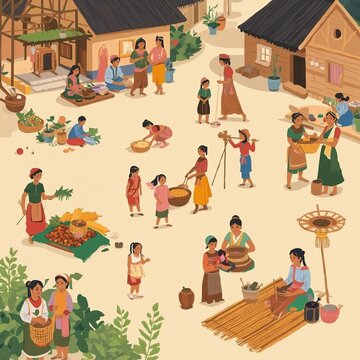 Flat vector illustration of daily life in a traditional rural village community with families, children, and local artisans working