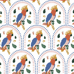 Ikat motif cockatoo seamless pattern with tropical vibe For fabric and wallpaper  © sanis