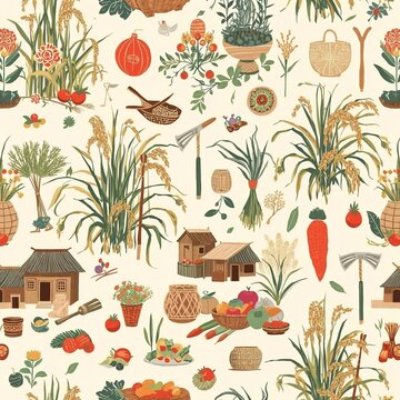 Seamless vector pattern showcasing traditional agricultural life with rice, farming tools, village houses, and local produce