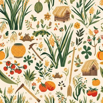 Seamless Vector Pattern Illustrating Traditional Farming Life with Rice, Produce, and Village Elements