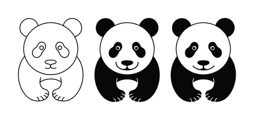 Three cute panda bear showing different stages of black and white coloring in a simple flat style © vector Art
