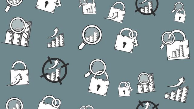 Business data security and financial growth doodle icons seamless pattern in background animation for cybersecurity and cartoon secure transaction wallpaper.