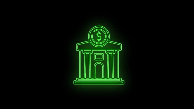 Green Neon Court Government Bank Building Icon Glow - Financial Institution Real Estate Architecture Linear Symbol Animation - Corporate Central Treasury Motion Graphic Overlay