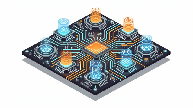illustration of a futuristic microchip with glowing blue and orange circuits and glowing connections