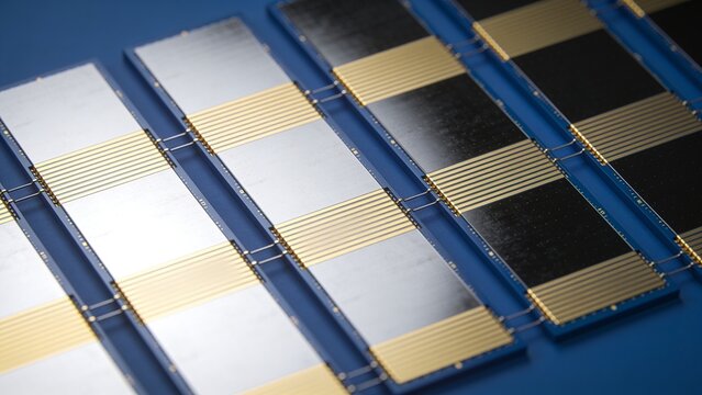 Gold wire-bonded microelectronic components on blue substrate