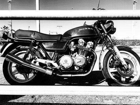 Ostia, Rome, Italy - March 5, 2026, detail of a Honda CB750K, a street motorcycle produced between 1978 and 1983, parked on the seafront.