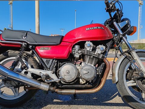 Ostia, Rome, Italy - March 5, 2026, detail of a Honda CB750K, a street motorcycle produced between 1978 and 1983, parked on the seafront.
