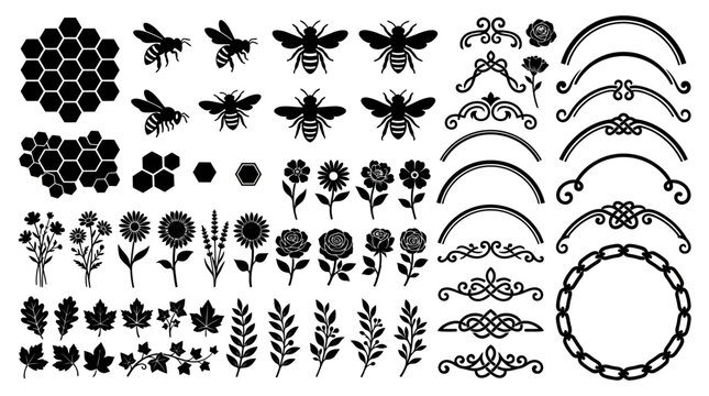 Black silhouettes of bees and flowers.