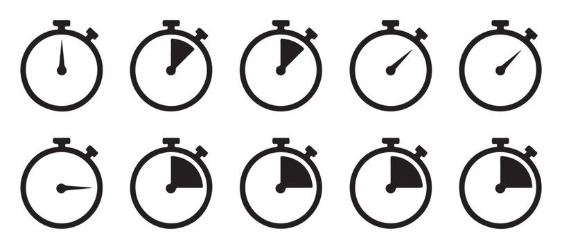 Set of stopwatch timer icons showing different levels of elapsed time for measuring performance speed.