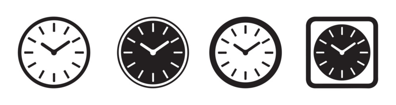 Round analog clock face icons showing different frame styles and shapes for time display collection.