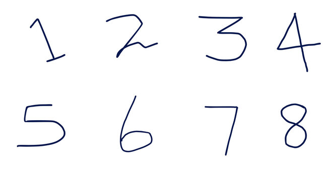Handwritten numbers from one to eight isolated on transparent background hand drawn doodle numeral set typography vector illustration