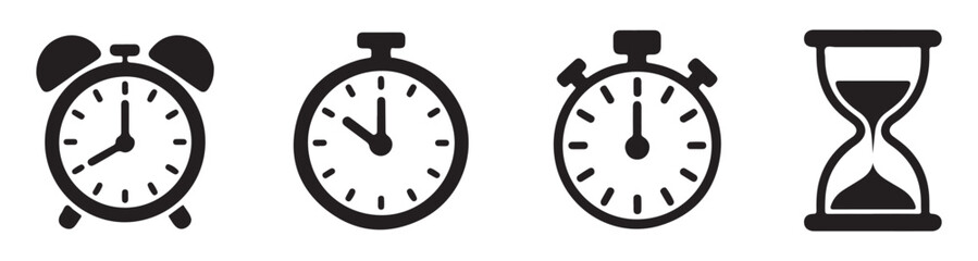 Alarm clock stopwatch and hourglass on transparent background vector collection. © Bd Artist