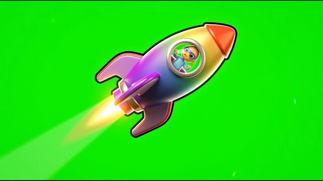 Colorful cartoon rocket ship flying upwards on green screen