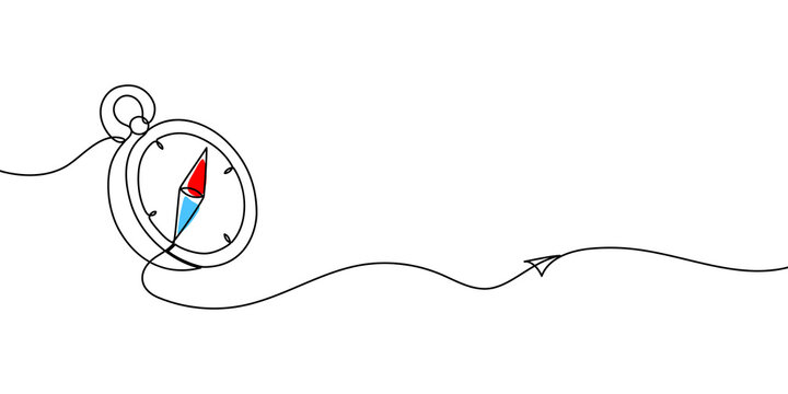 Continuous line art compass illustration for adventure and travel concepts. Hand-drawn navigation icon with minimalist outline style perfect for journey maps and camping designs.