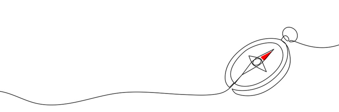 Continuous line art compass illustration for adventure and travel concepts. Hand-drawn navigation icon with simple outline style perfect for journey maps and camping designs.