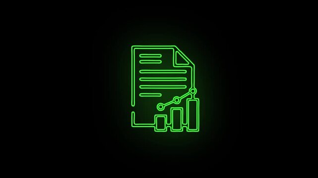 Green Neon Financial Report Sheet with Growth Graph Icon - Corporate Business Audit Analytics Data Document Animation - Market Statistics Progress Motion Graphic Overlay