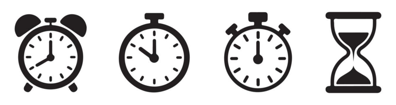 Alarm clock stopwatch and hourglass on transparent background vector collection.