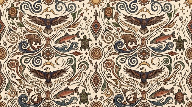 Traditional indigenous pattern featuring eagles turtles and wolves.