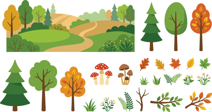 Forest nature construction kit and landscape background vector illustration set featuring cartoon trees autumn leaves mushrooms and branches isolated on white background