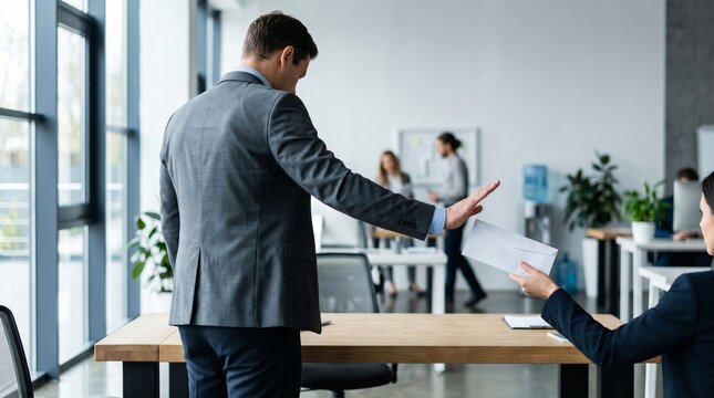 Businessman in suit refusing an envelope in a modern office
