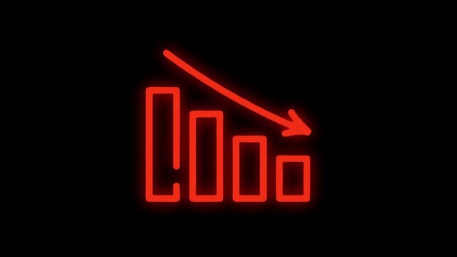 Red Neon Decreasing Business Bar Chart with Down Arrow - Financial Loss Inflation Market Crash Graph Animation - Economic Crisis Failure Progress Overlay Video