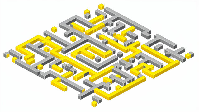 isometric maze puzzle with yellow pathways and gray walls for game design or decoration