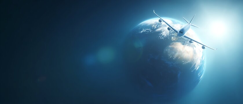 Airplane flying above the world in blue sky.