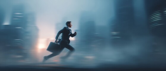 Fototapeta premium Businessman running through a misty cityscape.