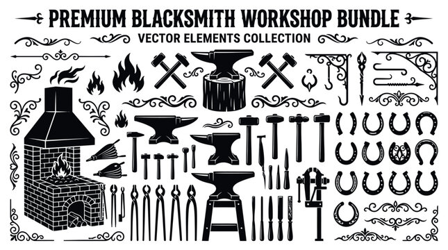 Blacksmith workshop tools and equipment set.