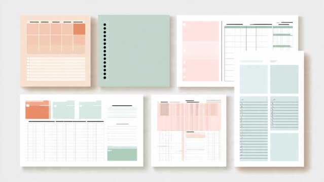 Set of organized pastel colored office planners and notebooks with various layouts and sections for scheduling and note taking