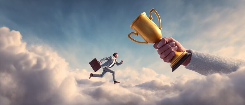 Man chases dream, trophy in the sky.