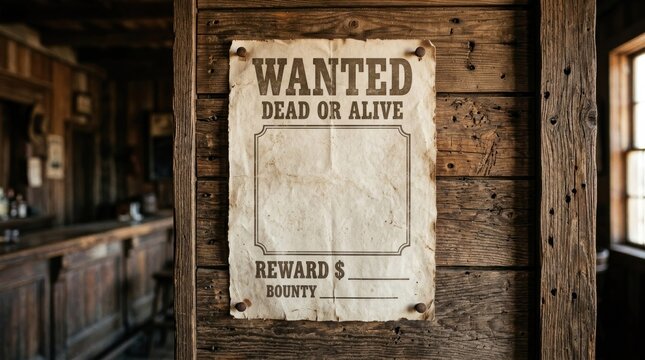 Old West Wanted Poster Hanging on Wooden Wall.