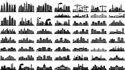 Obraz premium Urban city skyline silhouette mega vector collection featuring modern skyscraper towers industrial factories and municipal government buildings