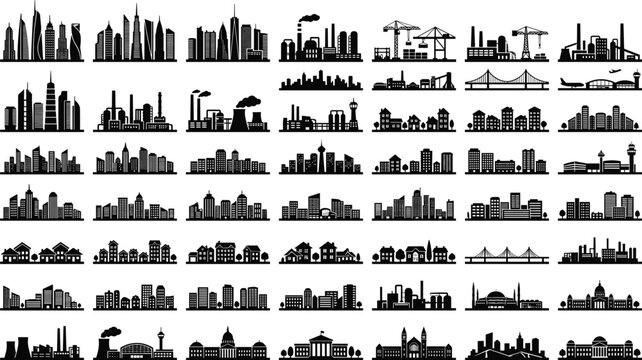 Urban city skyline silhouette mega vector collection featuring modern skyscraper towers industrial factories and municipal government buildings