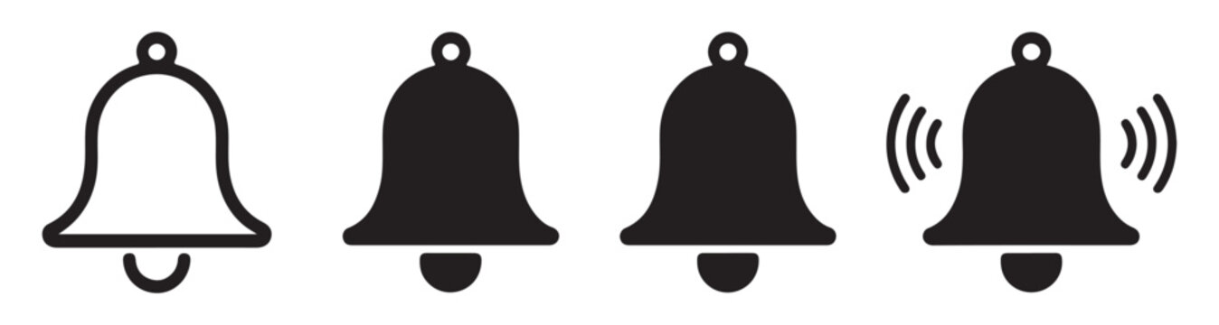 Collection of black bell notification symbols for user interface design on transparent background set.