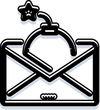 Email message icon with a lit bomb fuse and star attached, symbolizing a digital threat, spam, malware, or virus risk delivered through electronic communication
