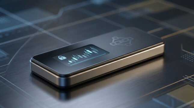 Close-up of a sleek metallic hardware cryptocurrency wallet displaying a secure lock icon and market graph on its screen, resting on a dark digital circuit board background.