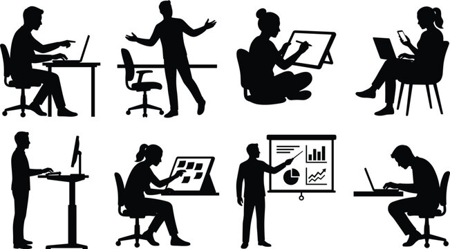 Business and office worker silhouettes set featuring professional people working on laptops standing desks drawing and giving presentations.