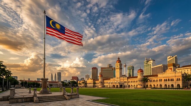 Malaysian national flag Jalur Gemilang waving at Merdeka Square Kuala Lumpur during golden hour sunset