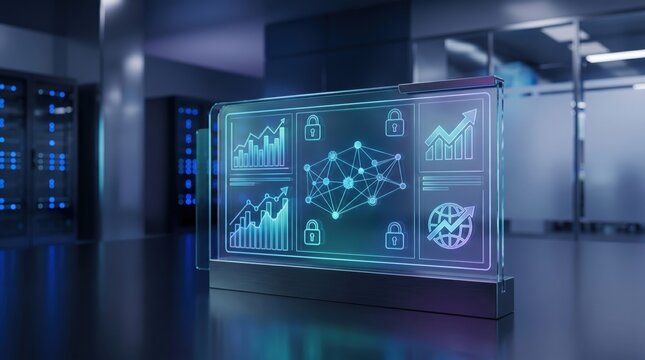 Futuristic holographic display showing data analytics and network security icons in server room, cloud computing concept, cybersecurity protection
