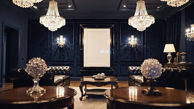 Luxury dark blue lounge with crystal chandeliers.