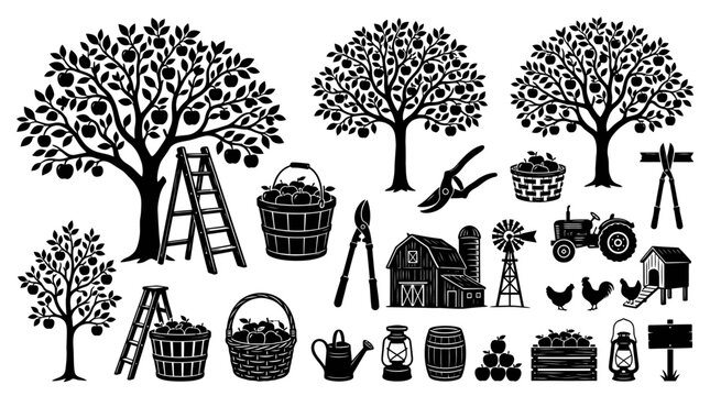 Black and white farm tools icons.