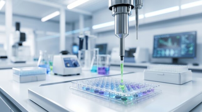 Close-up of automated liquid handling robot dispensing green fluid into microplate wells in sterile pharmaceutical laboratory
