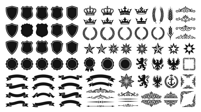 Various crests and heraldic symbols.